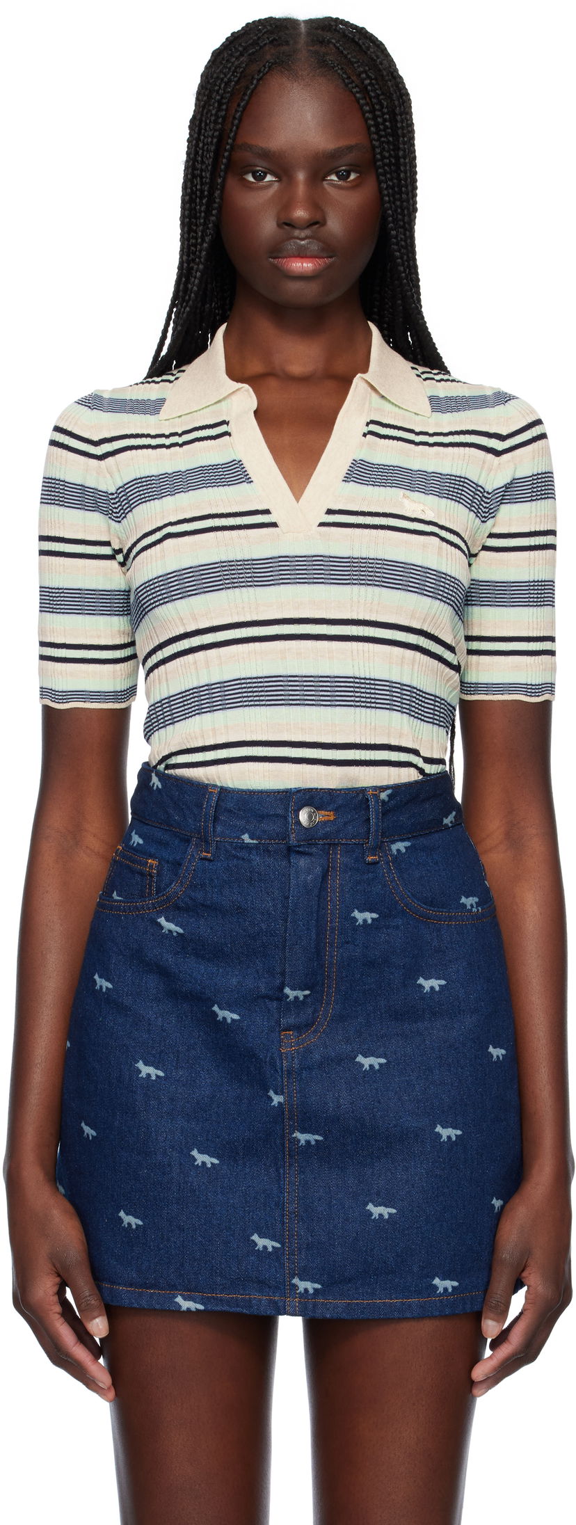 Polo majica MAISON KITSUNÉ Maison Kitsuné Fine Rib Striped Polo Višebojno | OW00203KT1122