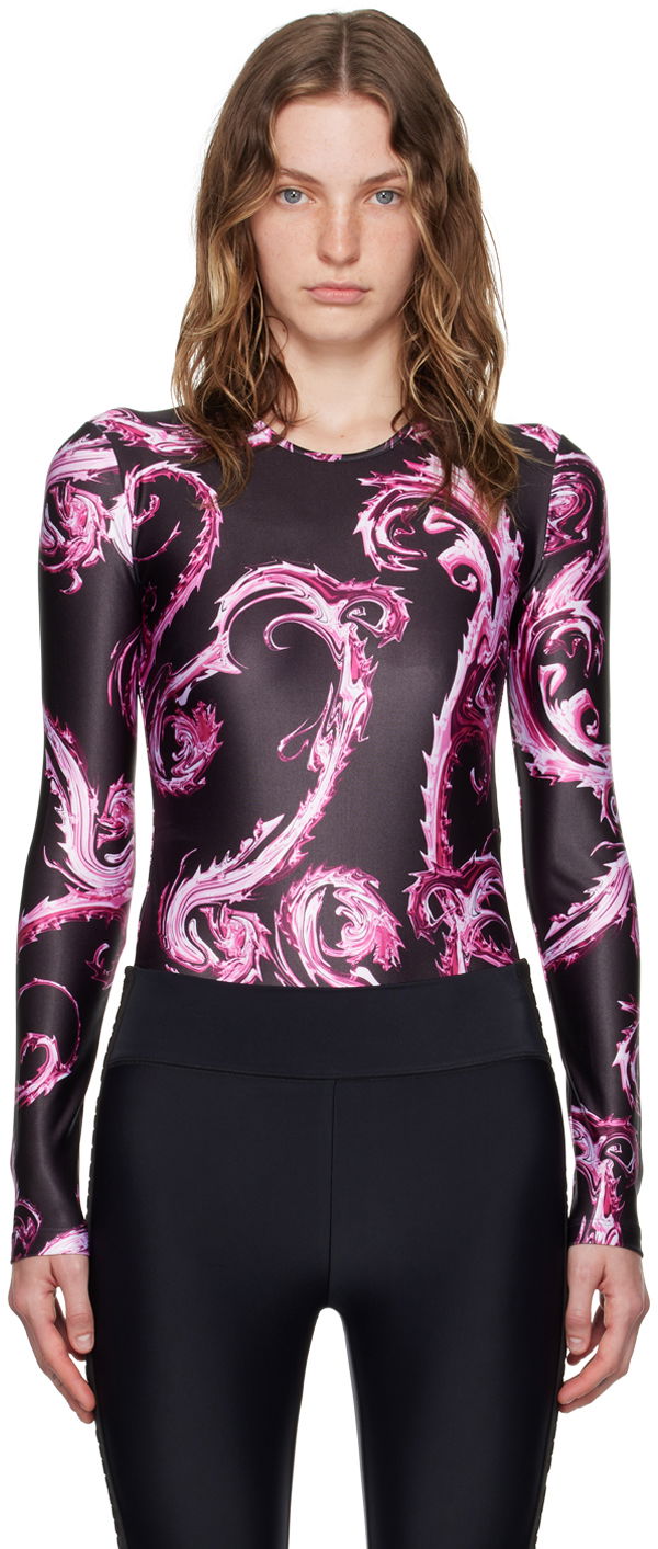 Majica kratkih rukava Versace Black & Pink Chromo Couture Bodysuit Ljubičasta | E77HAM2A1_EJS360
