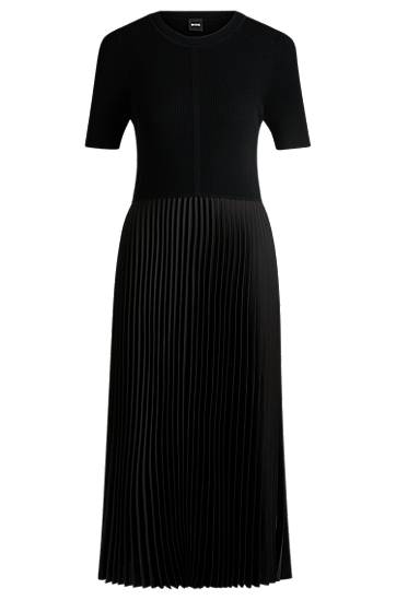 Haljina BOSS Knit Dress with Pleated Skirt Crna | 50535658