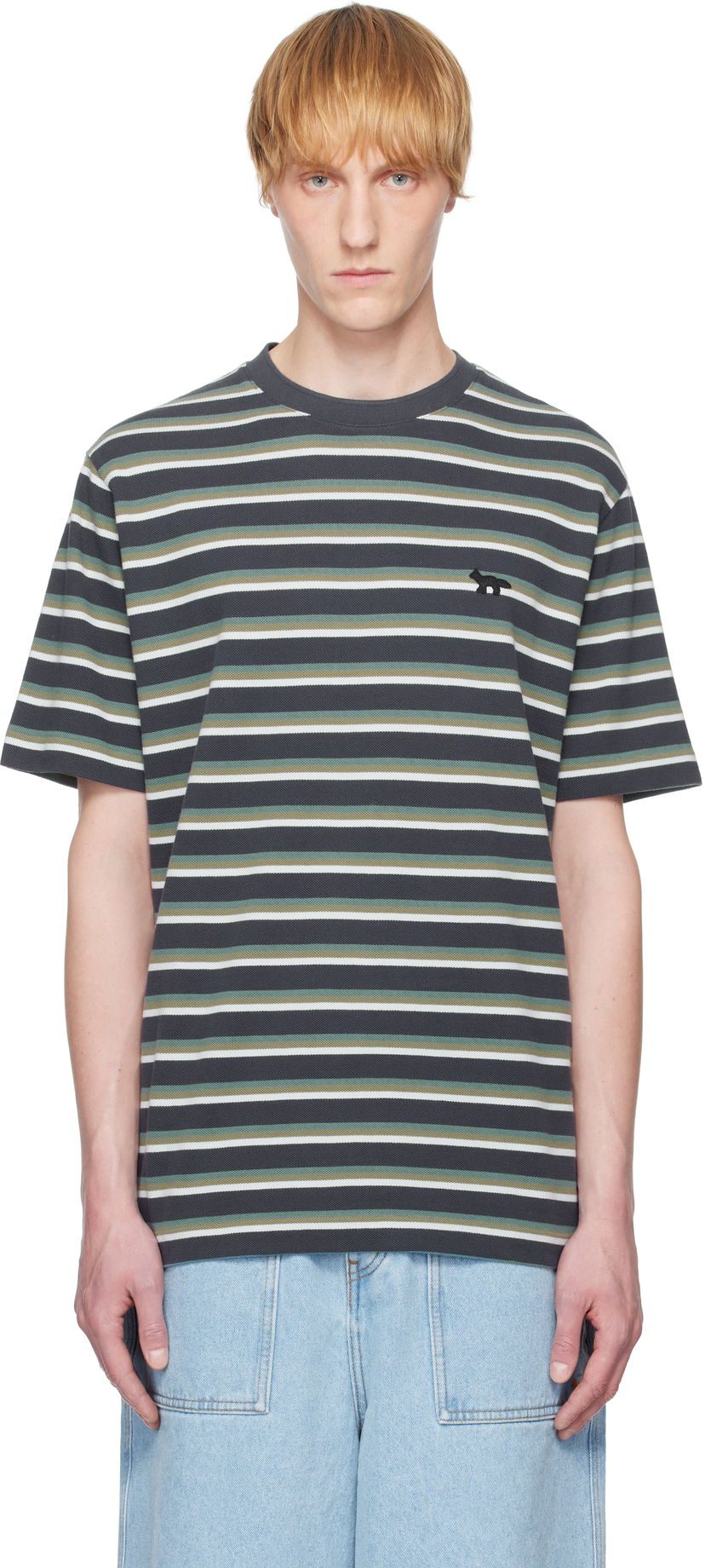 Majica kratkih rukava MAISON KITSUNÉ Kitsuné Profile Fox Patch Striped T-Shirt Siva | OM00103KJ7010