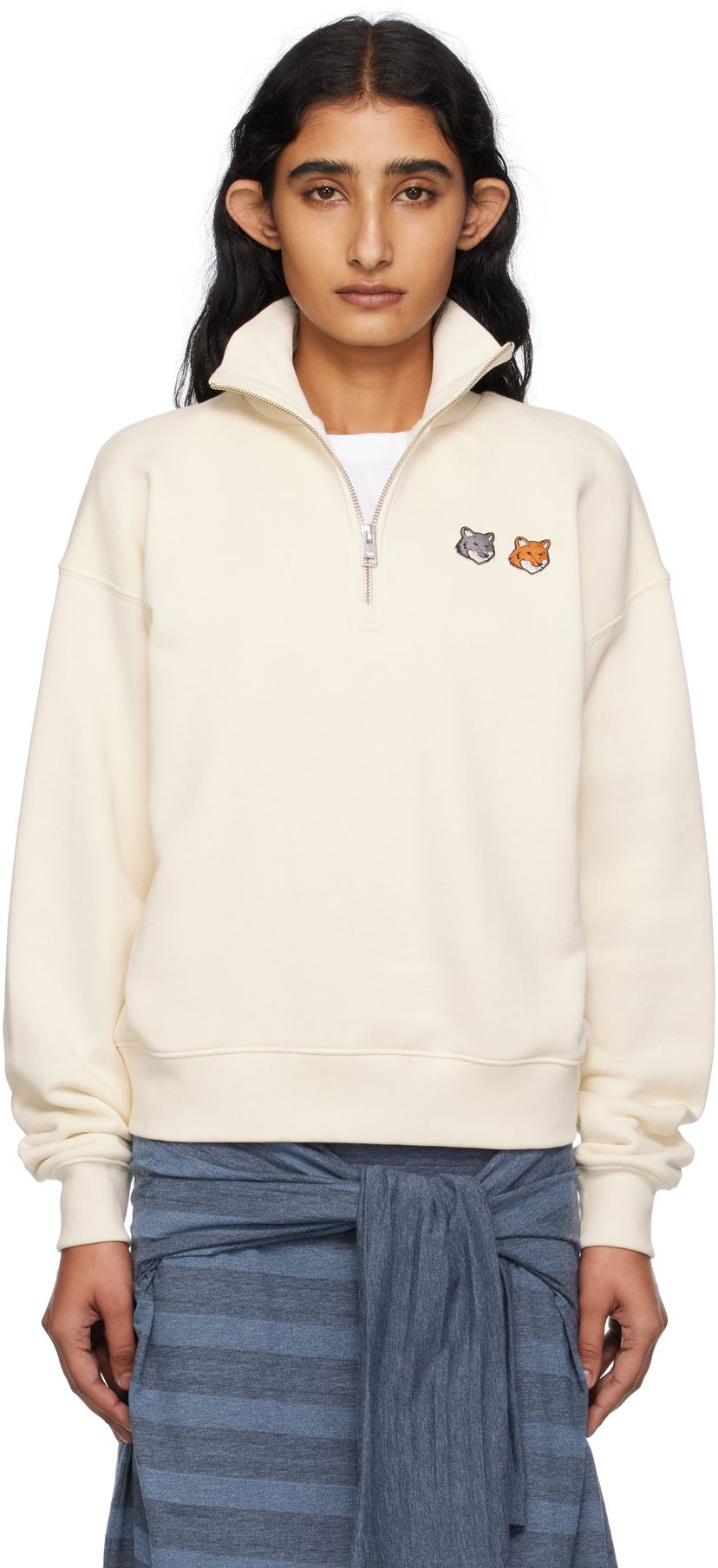 Dukserice MAISON KITSUNÉ Maison Kitsuné Double Fox Head Half Zip Sweatshirt Bež | OW211CFKM0321