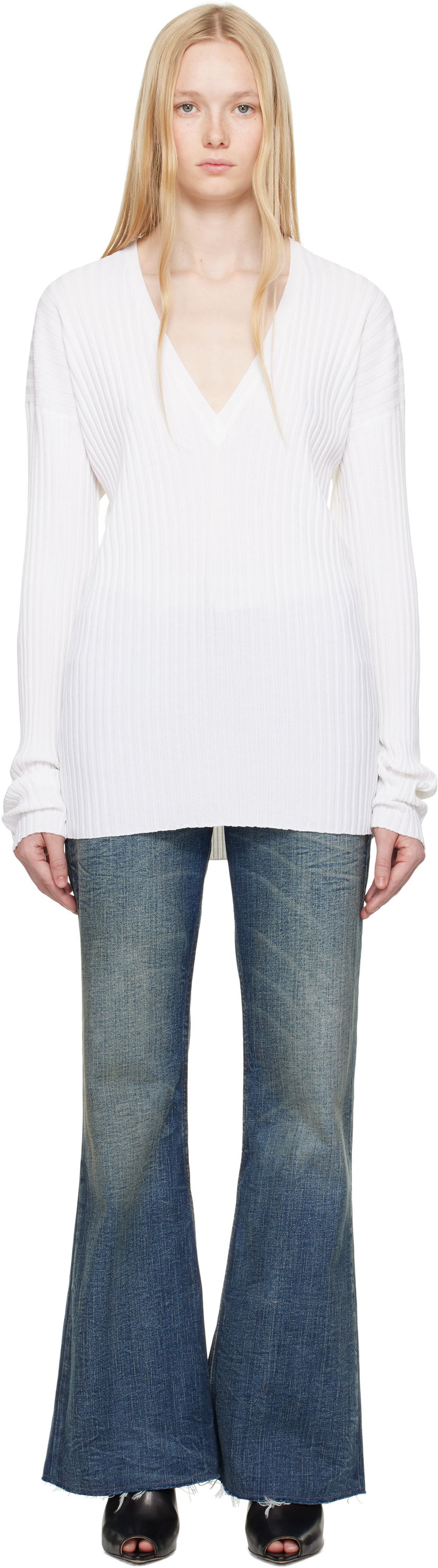 Džemper Maison Margiela MM6 Maison Margiela Slouchy Ribbed V-Neck Sweater Bijela | S62DA0050 M13125
