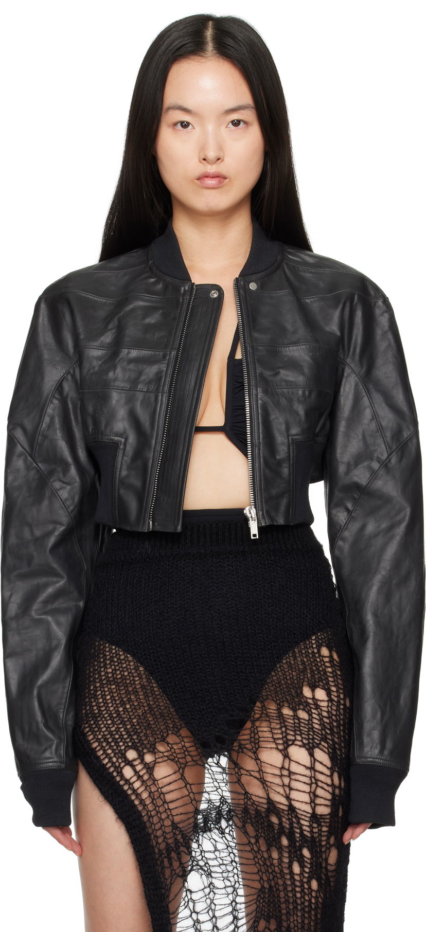 Bomber jakna Rick Owens Rick Owens Hollywood Girdered Cropped Leather Bomber Jacket Crna | RP01E7713 LTP