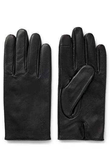 Rukavice BOSS Grained-leather gloves with full lining and lasered logo Crna | 50526831