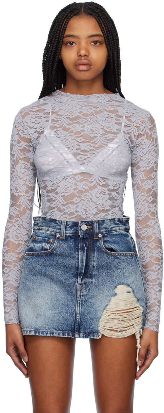 Majica kratkih rukava We11done Lace Mock Neck Top Plava | WD-BL1-23-129-W-GY
