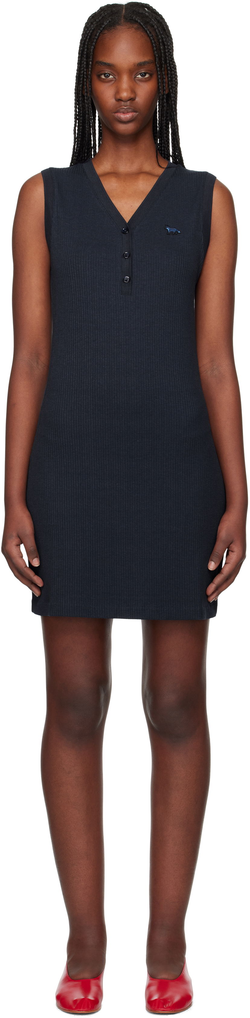 Haljina MAISON KITSUNÉ Maison Kitsuné Baby Fox Patch Ribbed Minidress Tamnoplava | OW01618KJ0134