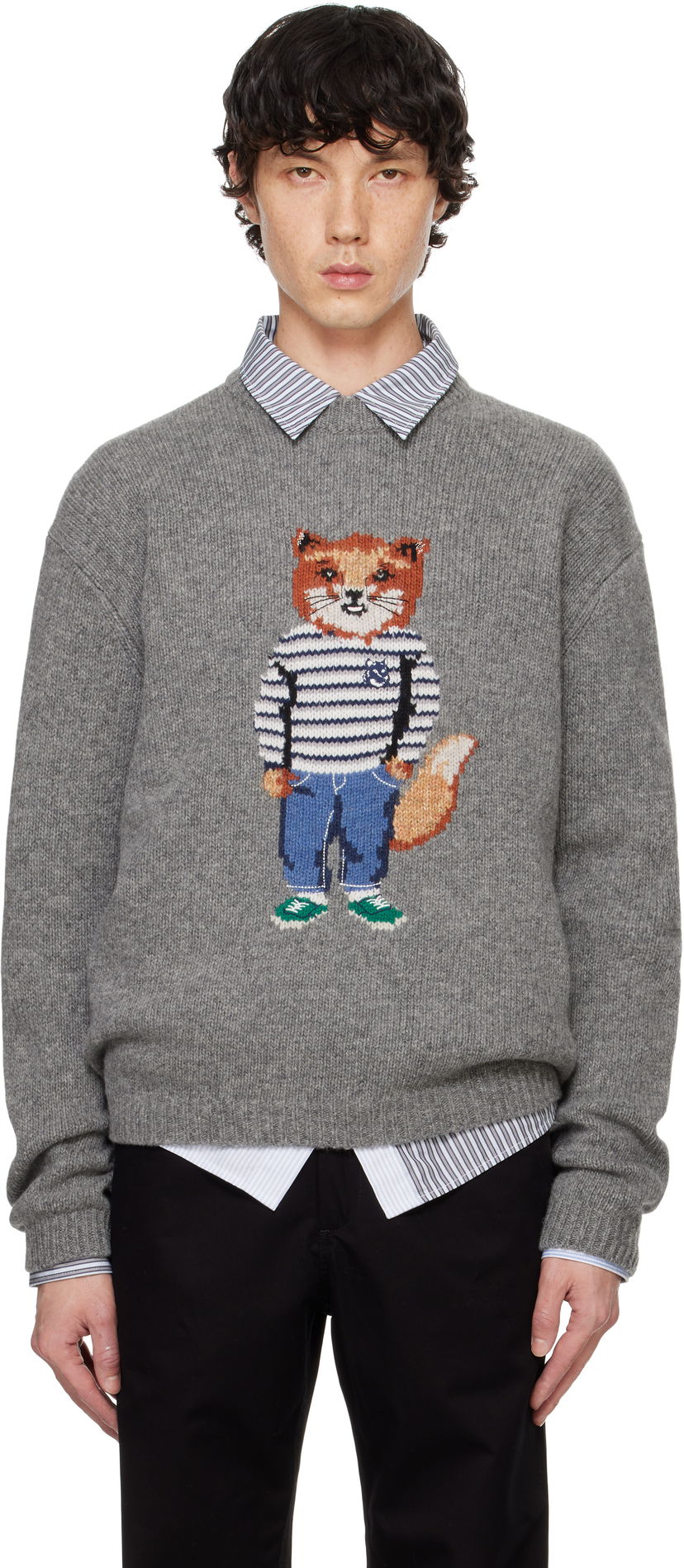 Džemper MAISON KITSUNÉ Dressed Fox Intarsia Sweater Siva | NM00809KH0002