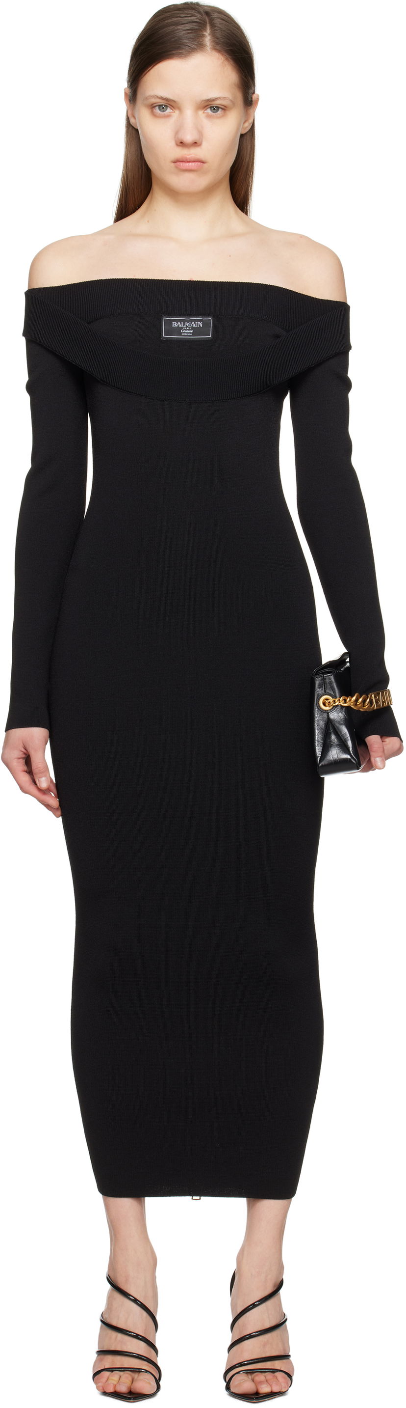 Haljina Balmain Balmain Plain Knit Off-The-Shoulder Maxi Dress Crna | EF1RL109KH82