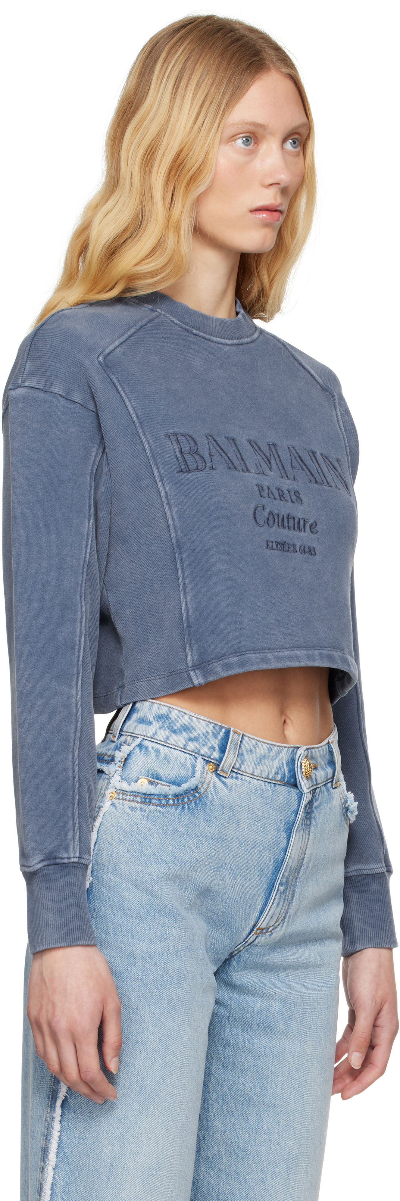 Džemper Balmain Balmain 'Couture' Cropped Embroidered Sweatshirt Plava | EF1JO076BC96, 1