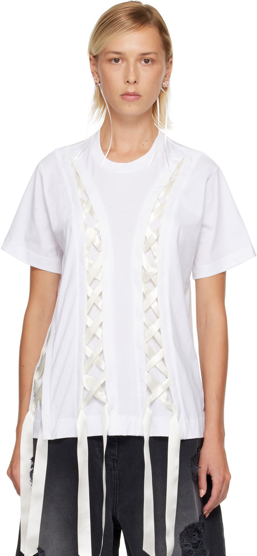 Majica kratkih rukava Simone Rocha Simone Rocha Unraveling Ribbon T-shirt Bijela | 5368 0553