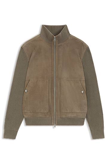 Jakna BOSS Suede jacket with cotton-blend sleeves Zelena | 50547673