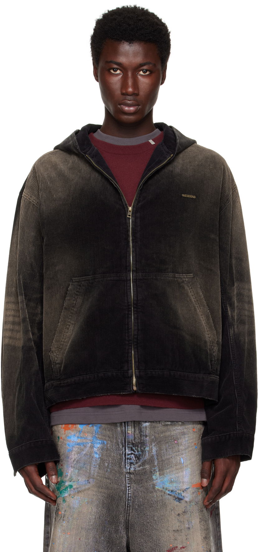 Jakna We11done We11done Vintage Wash Corduroy Zip-Up Hoodie Crna | WD-DJ2-25-318-U-BK