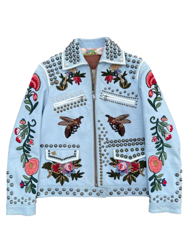 Jakna Gucci Floral Embroidered Leather Jacket Plava | 419638 XG170