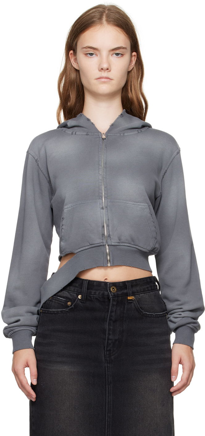 Dukserice We11done We11done Distressed Zip-Up Cropped Hoodie Siva | WD-TJ2-24-808-W-CH