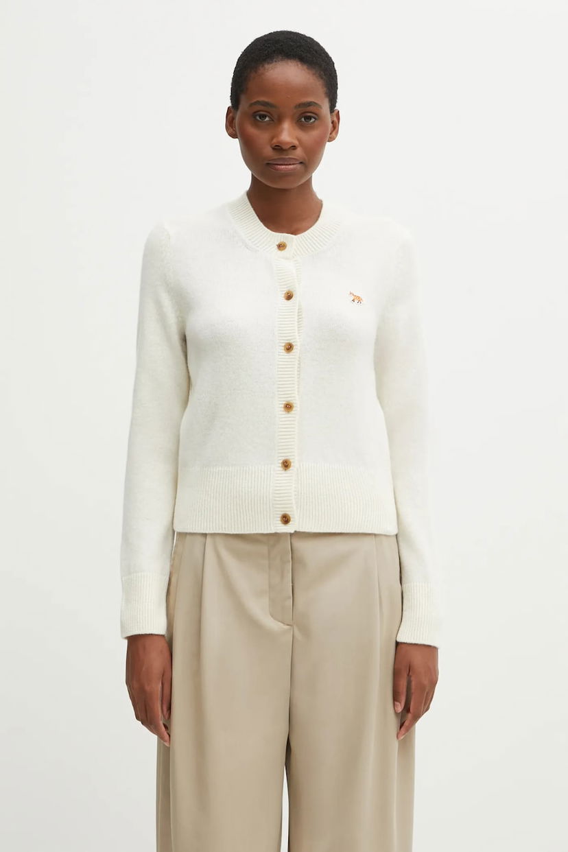 Džemper MAISON KITSUNÉ Fitted Lambswool Round-Neck Cardigan with Baby Fox Embroidery Bijela | PW00506KT1006