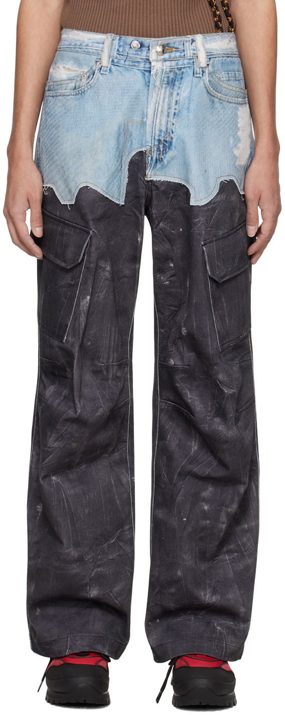 Cargo hlače Andersson Bell Andersson Bell Printed Two-Tone Wavy Seam Denim Cargo Pants Siva | apa703m