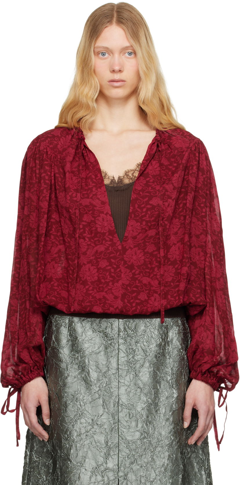 Košulja Dries Van Noten Dries Van Noten Floral Print Tie Neck Blouse Crvena | 251-010711-1011