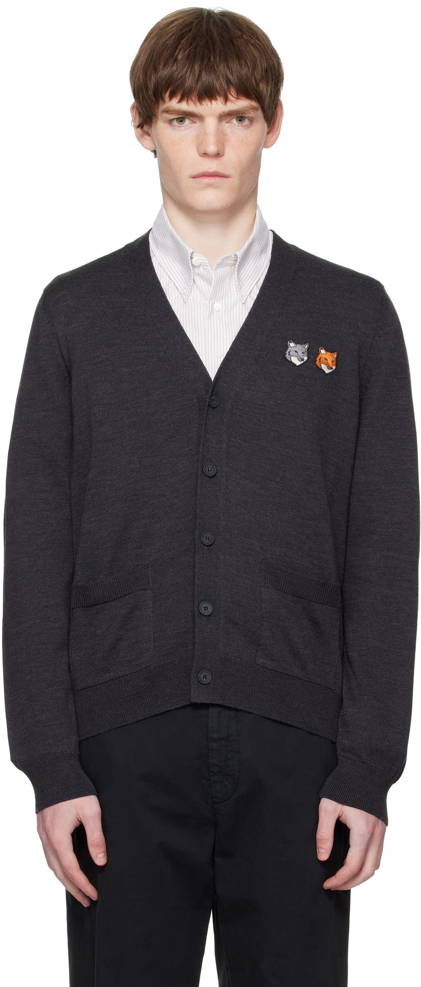 Džemper MAISON KITSUNÉ Double Bold Fox Head Patch Regular Cardigan Siva | OM051CFKT1036