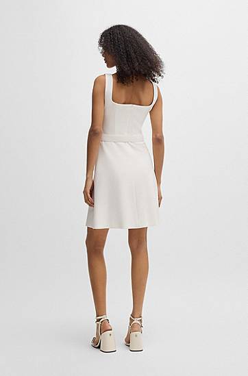 Haljina BOSS Square Neck Belted A-Line Dress Bijela | 50537631, 1