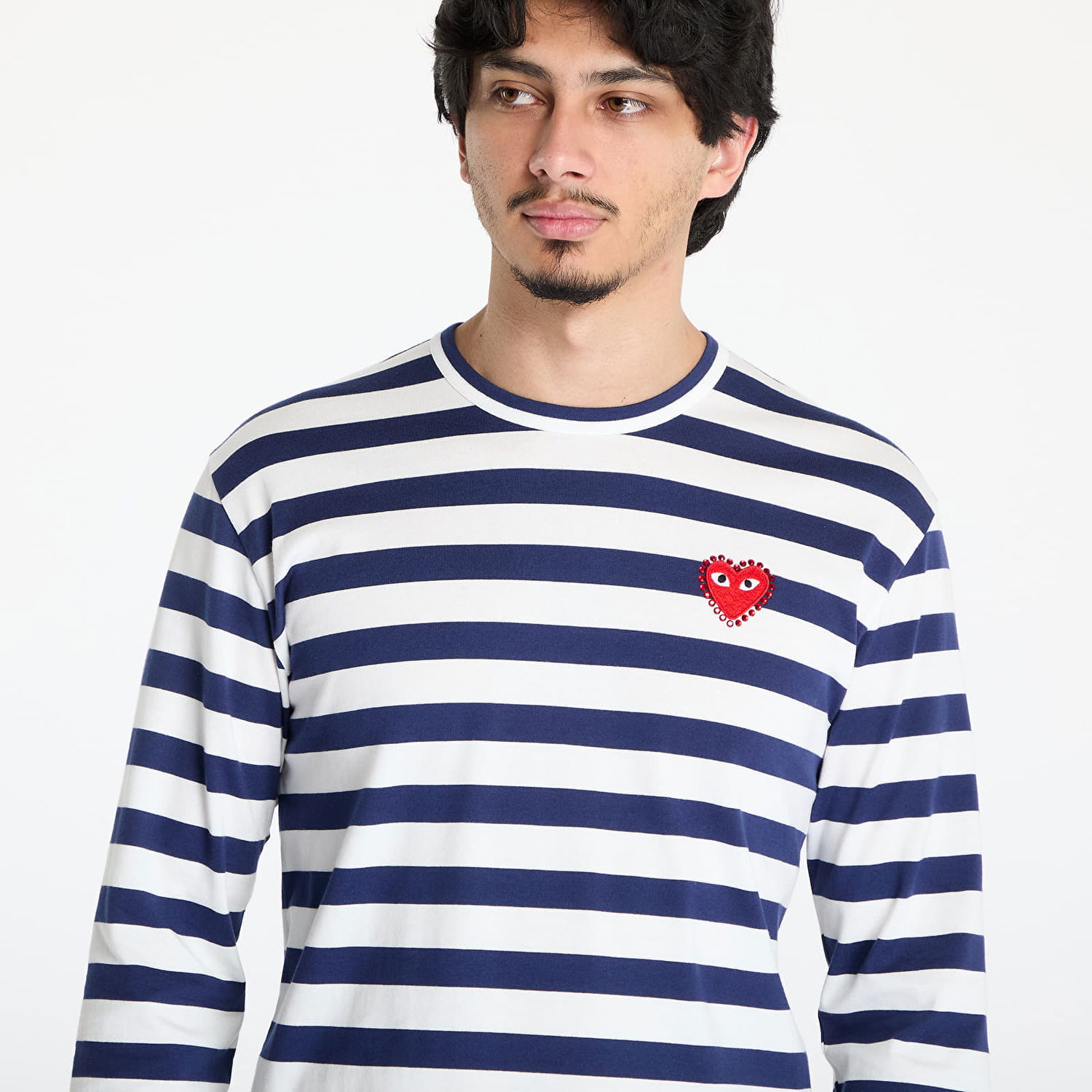 Majica kratkih rukava Comme des Garçons Comme des Garçons PLAY Stripe Emblem Long Sleeve T-Shirt with Rhinestone Tamnoplava | AX-T805 NAVYxWHITE, 1