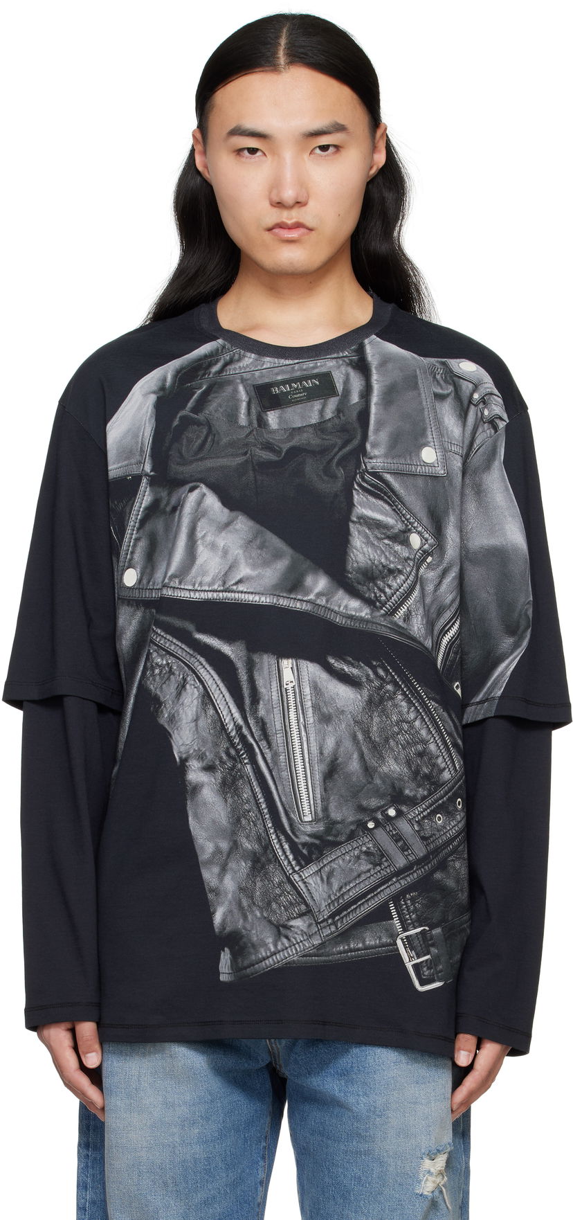 Majica kratkih rukava Balmain Balmain Long Sleeve Biker Jacket Graphic T-Shirt Crna | EH1EM016GE40