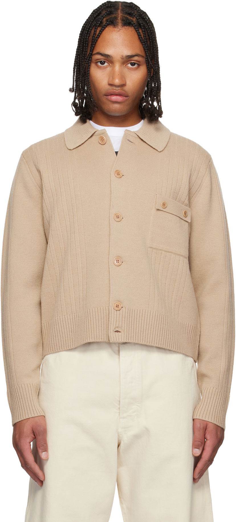 Džemper Dries Van Noten Collared Rib Knit Wool Cardigan with Patch Pocket Bež | 252-021215-2707