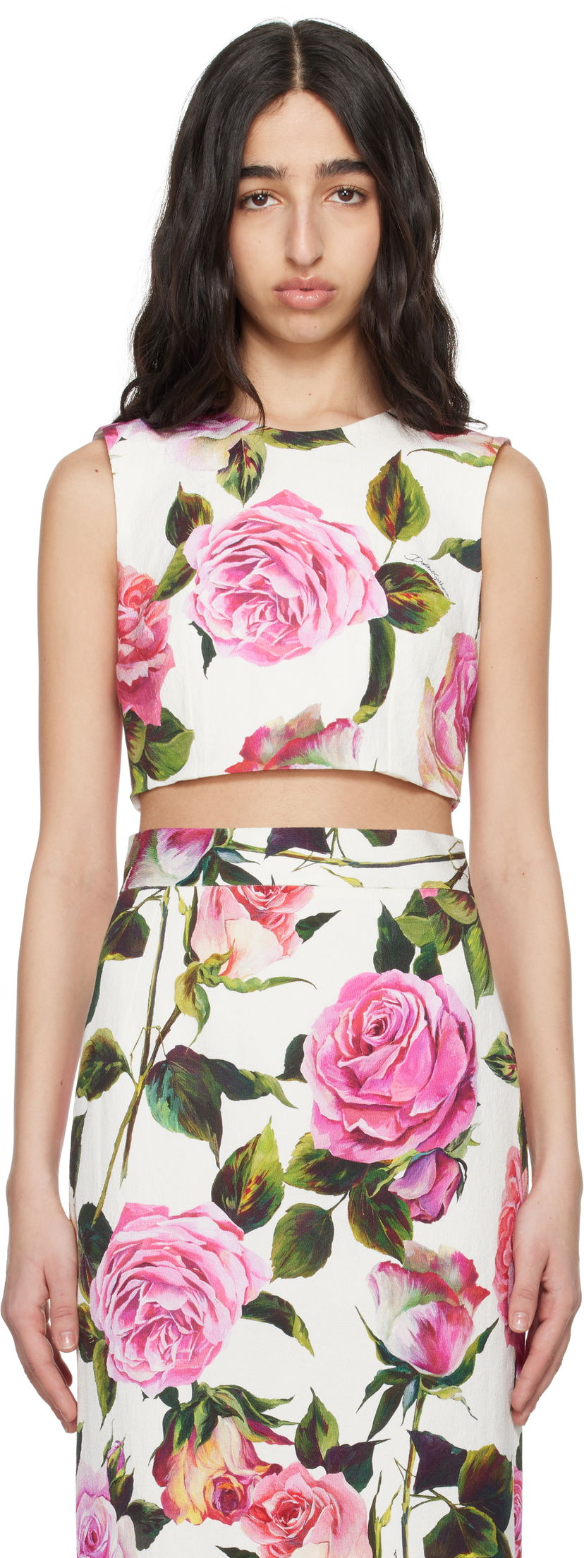 Crop top Dolce & Gabbana Dolce&Gabbana Rose-Print Cotton Jacquard Crop Top Bijela | F7AO5T FSRQJ