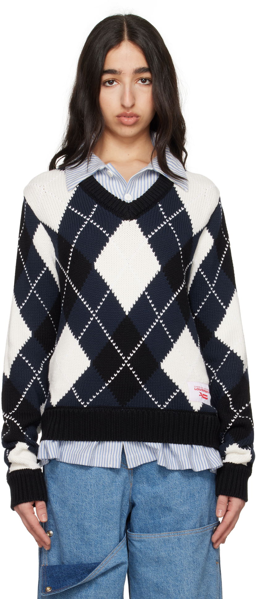 Džemper Charles Jeffrey Loverboy Charles Jeffrey LOVERBOY Argyle V-Neck Sweater Tamnoplava | 54091501