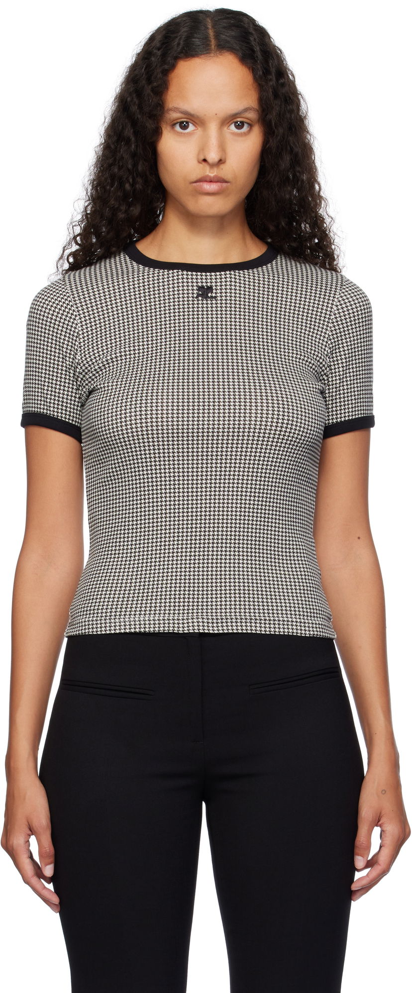 Majica kratkih rukava Courrèges Contrast Houndstooth Slim T-Shirt Crna | 324JTS017JS0167