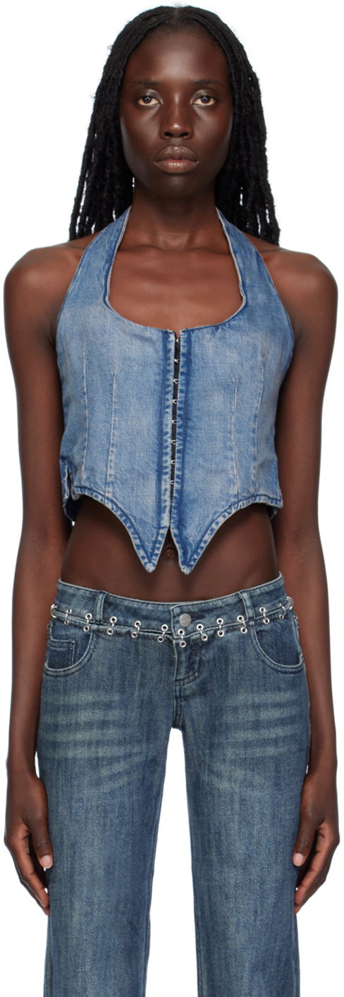 Majica bez rukava Miaou Miaou Dani Denim Halter Corset Top Plava | 7077SD4ECH