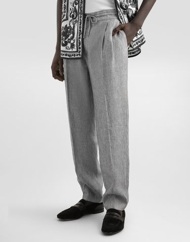 Hlače Dolce & Gabbana Dolce & Gabbana Washed Linen Canvas Drawstring Trousers Siva | GP12PTFU4MFS8290, 1