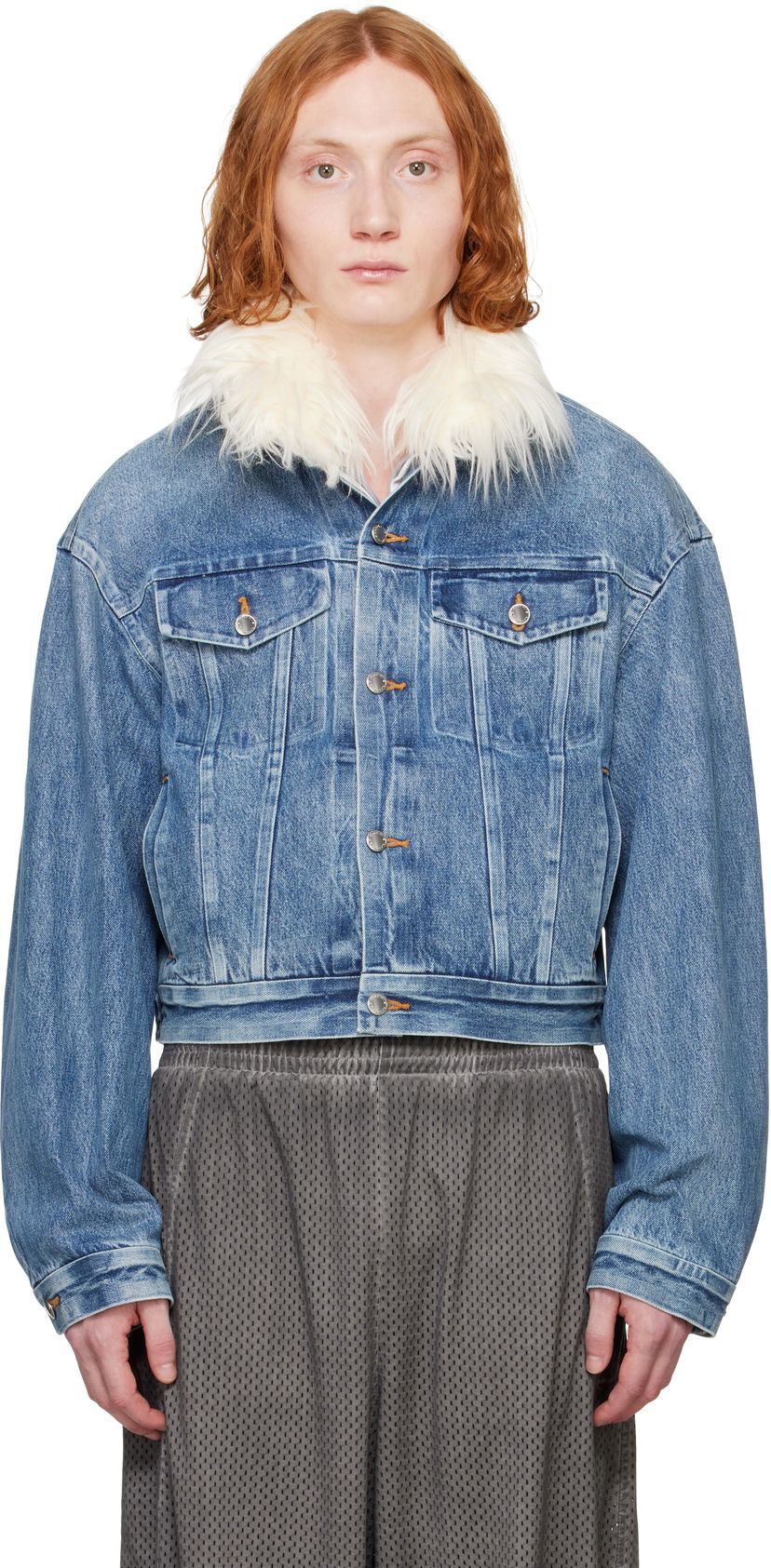 Jakna Alexander Wang Alexander Wang Rounded Trucker Denim Jacket with Faux Fur Collar Plava | 6WC1252066