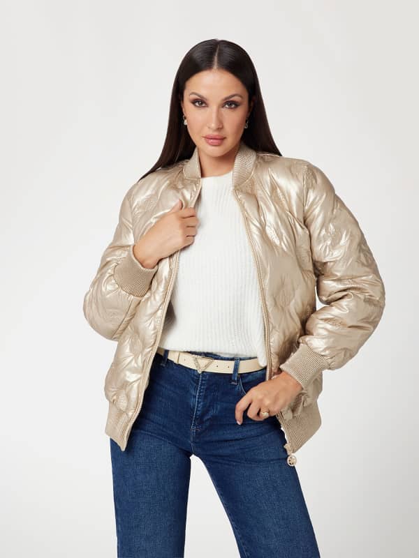 Pernata jakna GUESS Faux Leather Long Bomber Jacket Bež | W4BL60WGB20