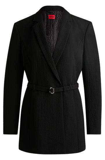 Jakna BOSS Seersucker Blazer with Buckled Belt Crna | 50537559