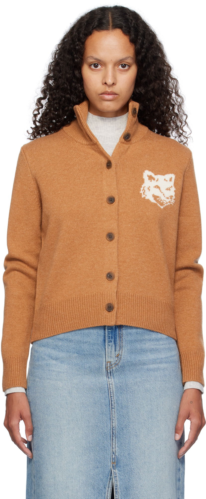 Džemper MAISON KITSUNÉ Fox Head Intarsia High Neck Cardigan Narančasta | NW00509KM0329