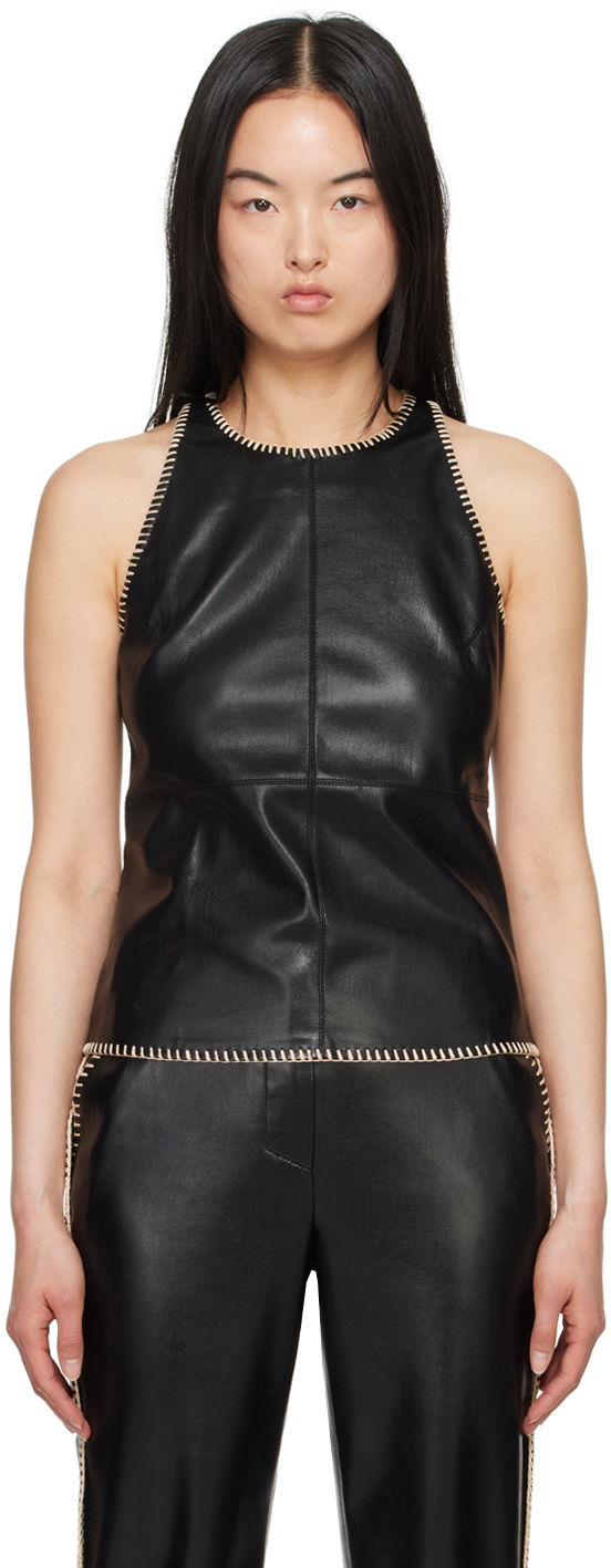 Majica bez rukava Nanushka Vegan Leather Tank Top with Braided Trim Crna | NW24SSTP03499
