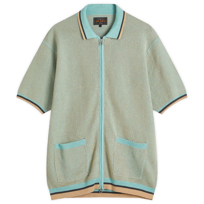 Polo majica BEAMS Zip Knit Polo Shirt Tirkiz | 3802-0045-156-70
