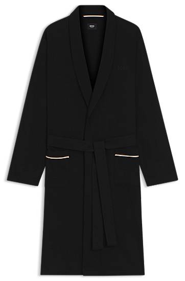 Pidžama BOSS Cotton jersey dressing gown with shawl collar, tie belt, and contrast-piped pockets Crna | 50545943, 1