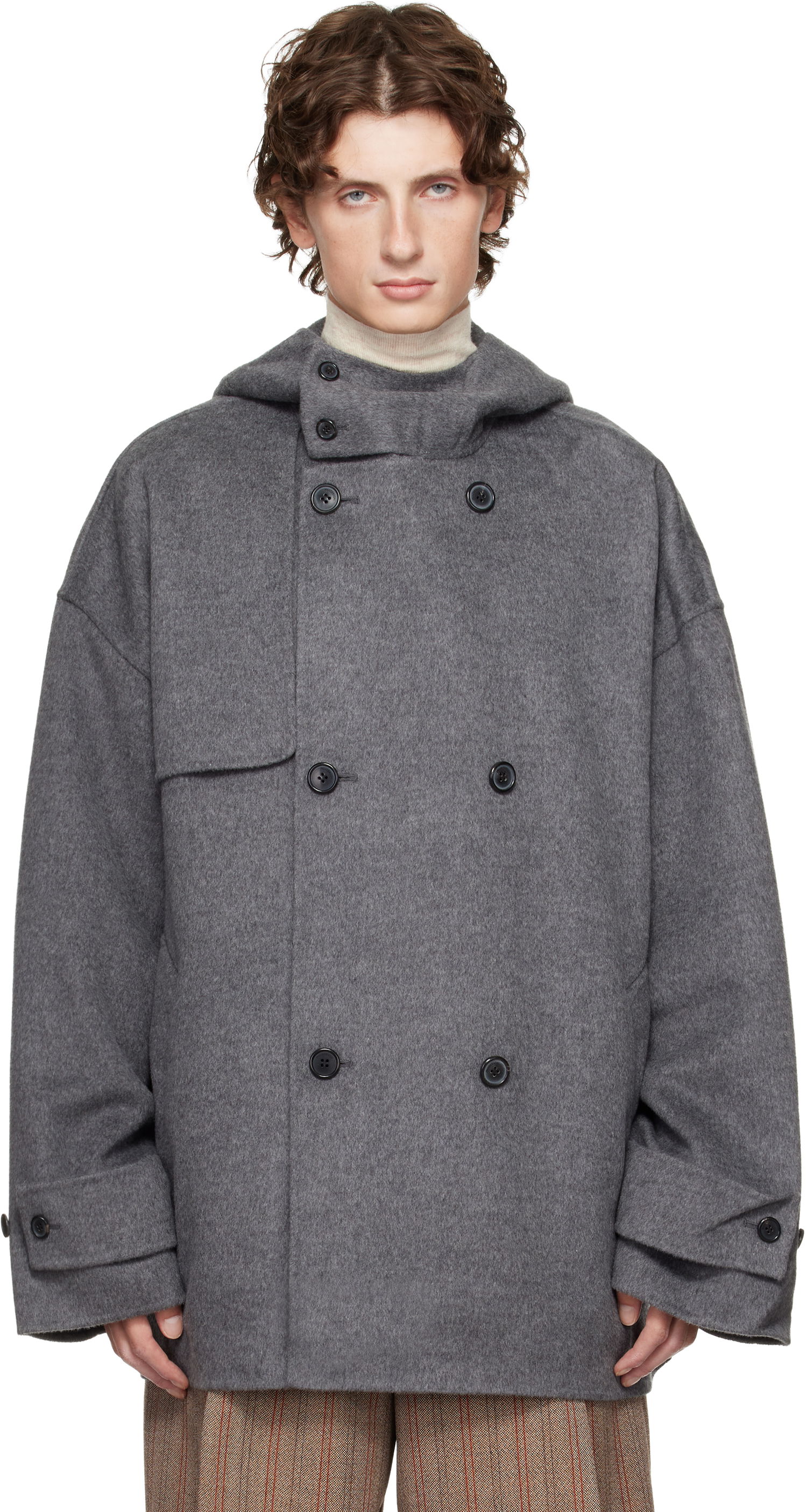 Kaputi JW Anderson JW Anderson Oversized Hooded Double-Breasted Felted Peacoat Siva | CO0342-PG1559, 0