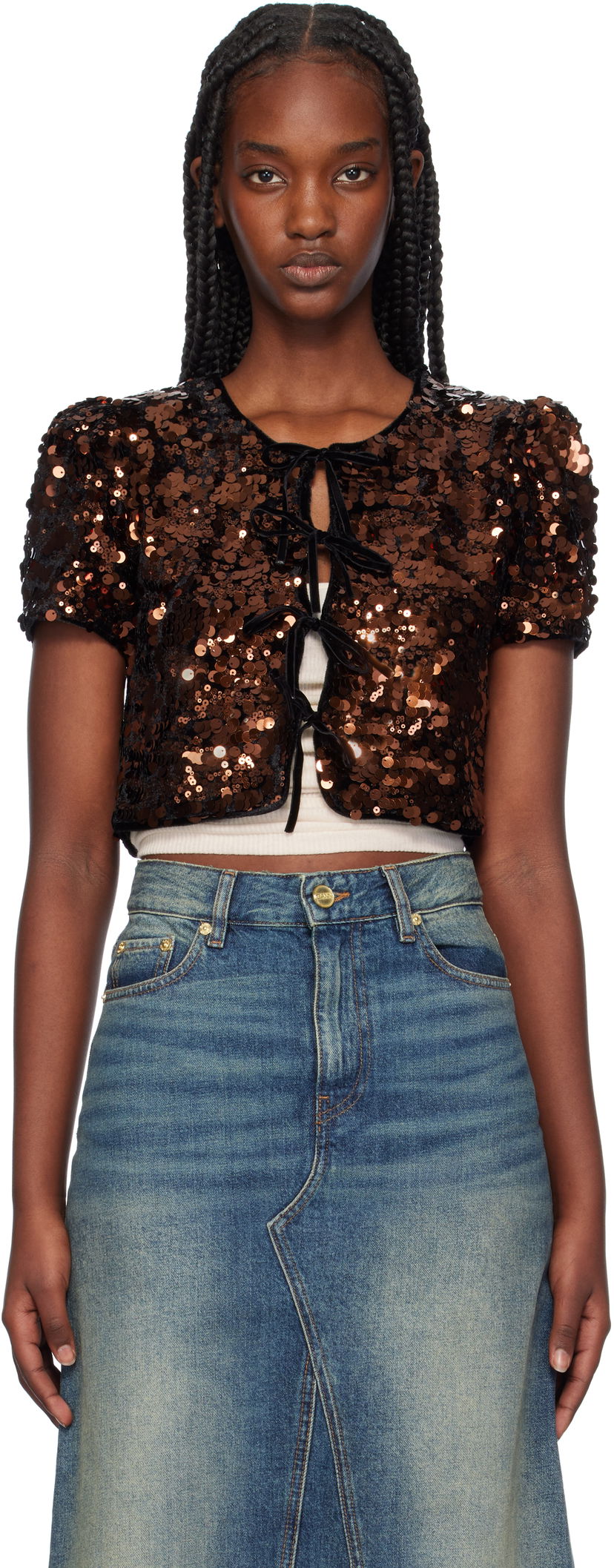 Crop top GANNI Sequin Velvet Tie-Front Blouse Smeđa | T3984