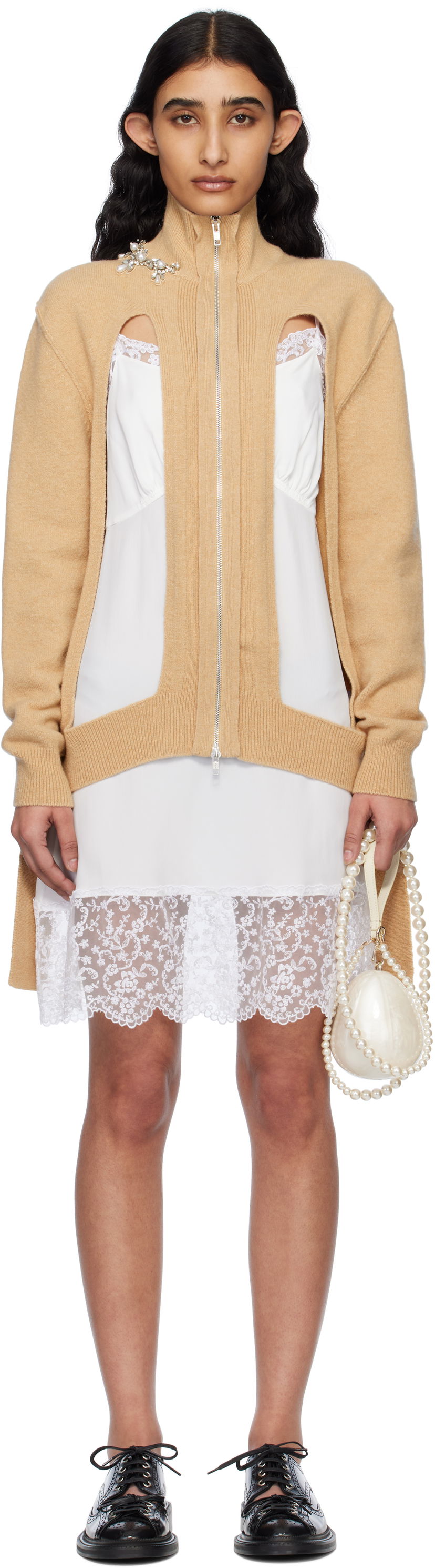 Haljina Simone Rocha Simone Rocha Embellished Window Zip Cardigan Bež | LMK4BW 0660