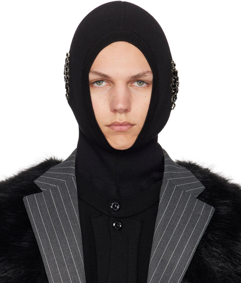 Kapica Simone Rocha Simone Rocha Merino Silk Knit Balaclava with Crystal Embellishments Crna | KMK5MB 0647