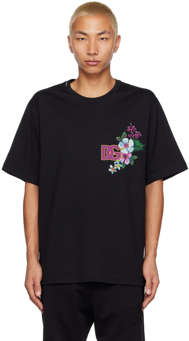 Majica kratkih rukava Dolce & Gabbana Floral Logo Print Black T-Shirt Crna | G8PJ0ZG7HBV