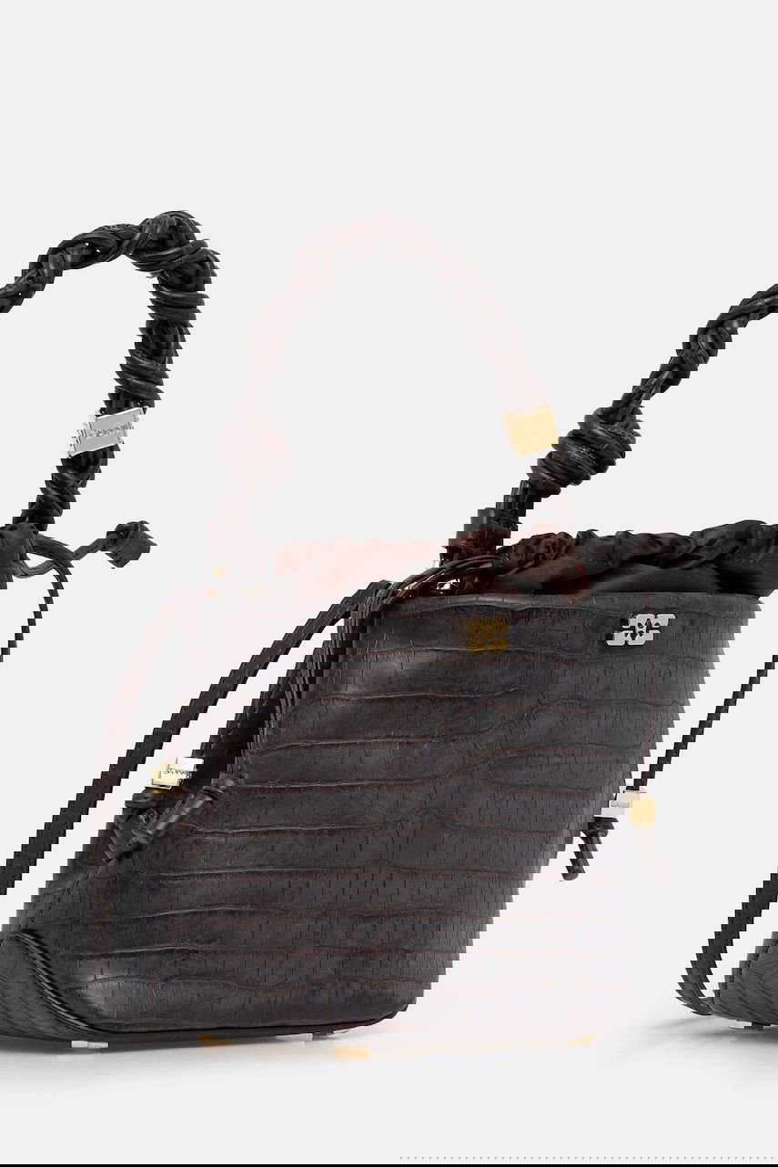 Ručna torbica GANNI Bou Braided Handle Crocodile-Embossed Drawstring Bucket Bag Smeđa | A6697, 1