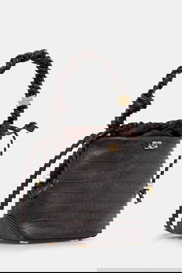 Ručna torbica GANNI Bou Braided Handle Crocodile-Embossed Drawstring Bucket Bag Smeđa | A6697, 1