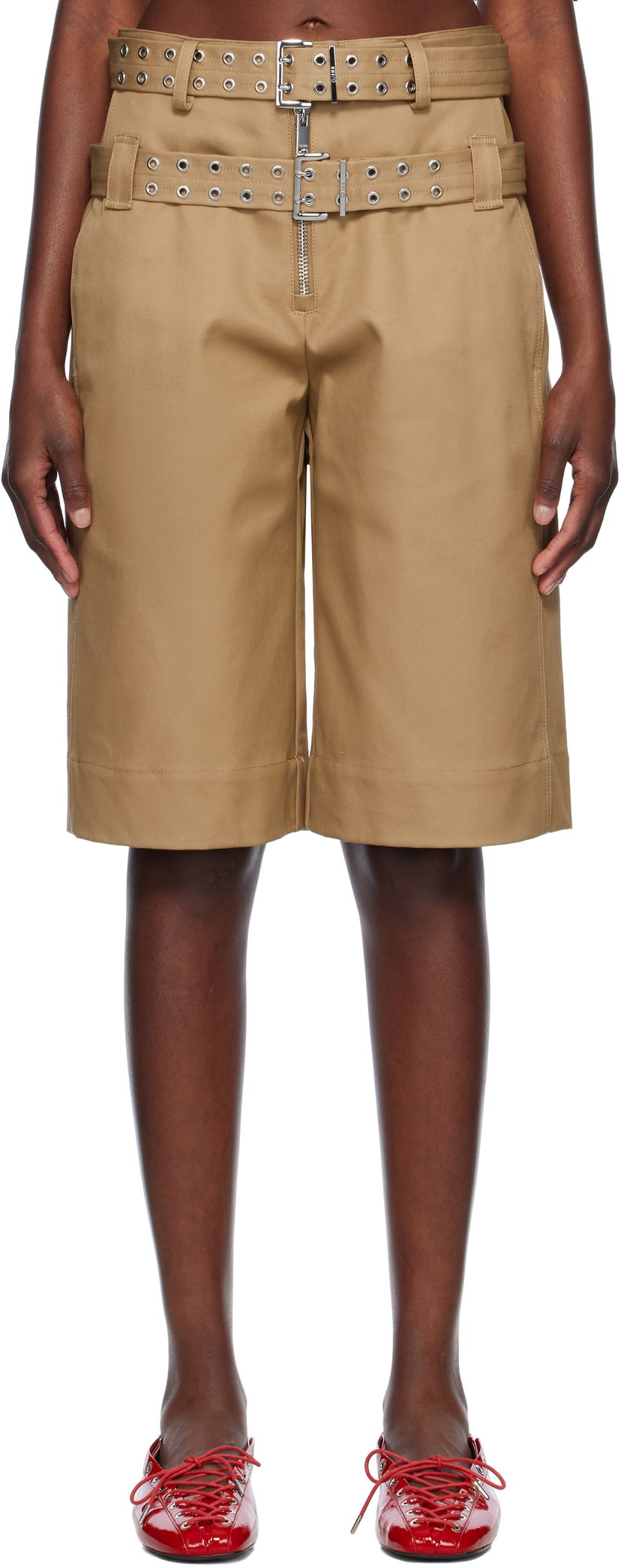 Kratke hlače GANNI GANNI Bonded Cotton Shorts with Belt Bež | W0527