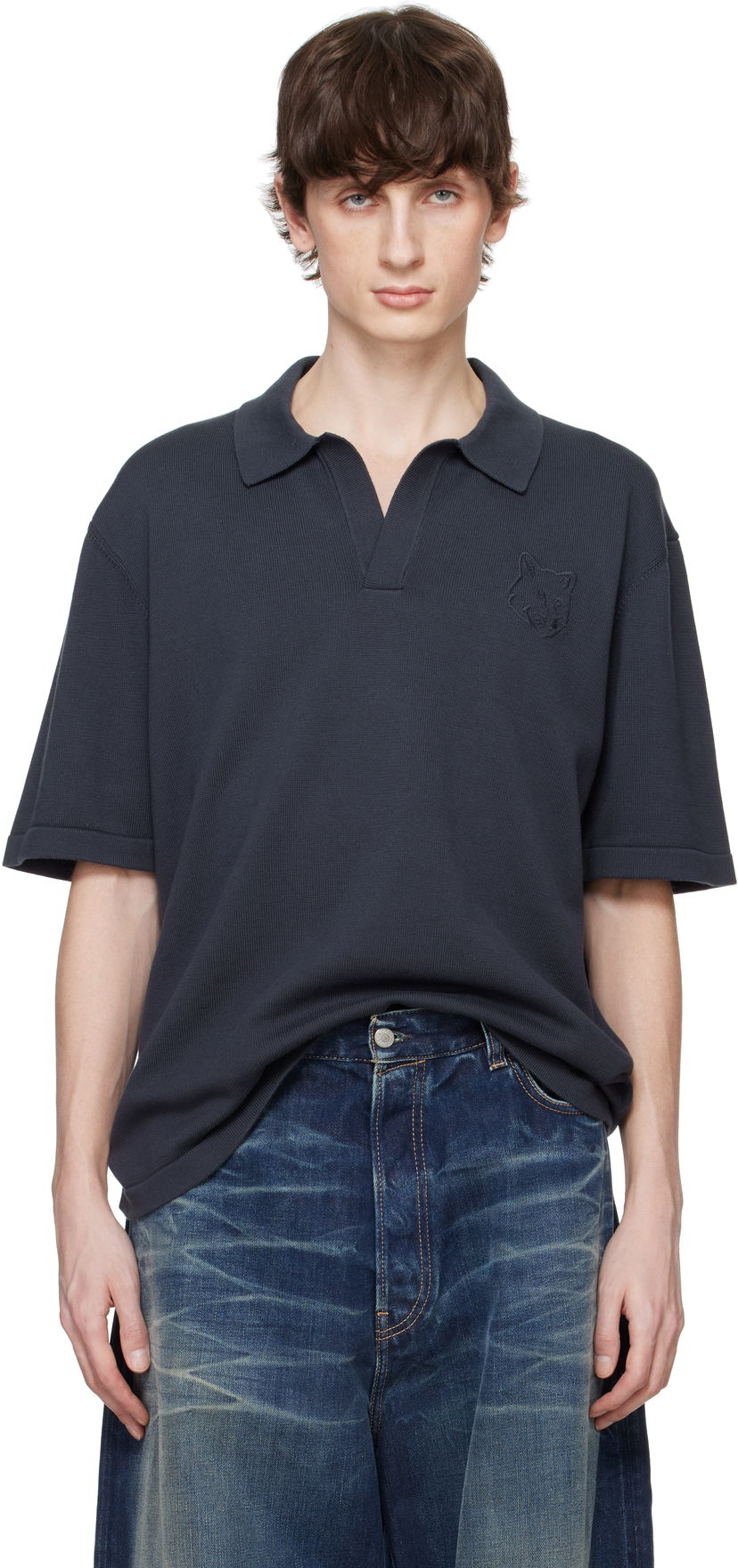 Polo majica MAISON KITSUNÉ Maison Kitsuné Fox Head Embroidered Knitted Polo Tamnoplava | OM00205KT1135