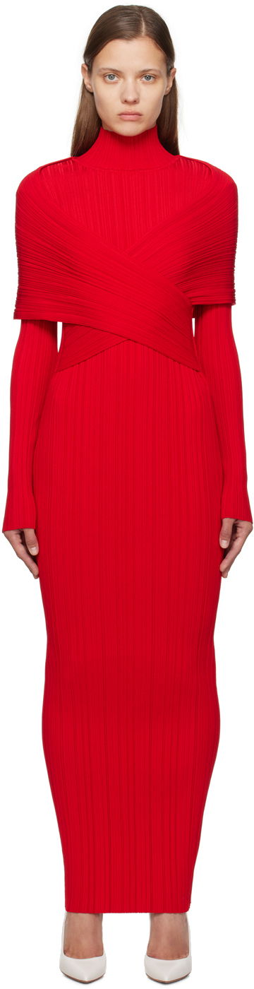 Haljina Balmain Balmain Pleated Knit Maxi Dress Crvena | DF0RR835KH70