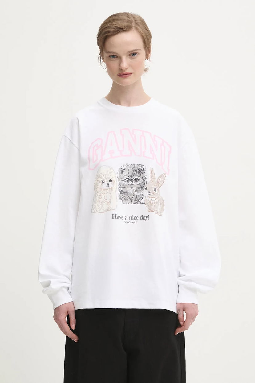Majica kratkih rukava GANNI Re-cut Heavy Jersey Animals Long-sleeved T-shirt Bijela | T4275