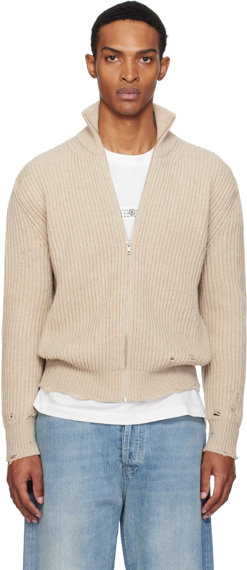 Džemper Maison Margiela MM6 Maison Margiela Ribbed Knit Zip Sweater Bež | SH0AM0064 M13138